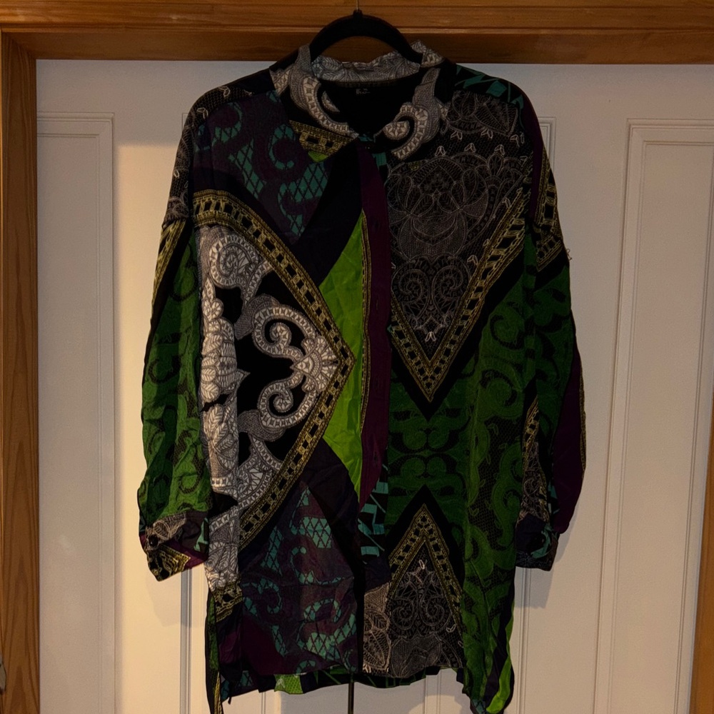 Yansi Fugel Vintage Green Black Purple Patterned Blouse Size XL